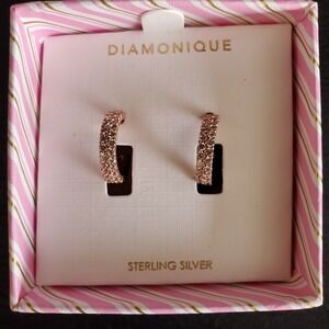 Diamonique Small Hoop Earrings Huggie Rose Gold Over Sterling Silver Pave NWOT
